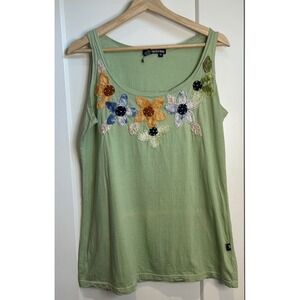 Leopards & Roses Sage Green Cotton Floral Applique Tank Top Medium Boho Nepal